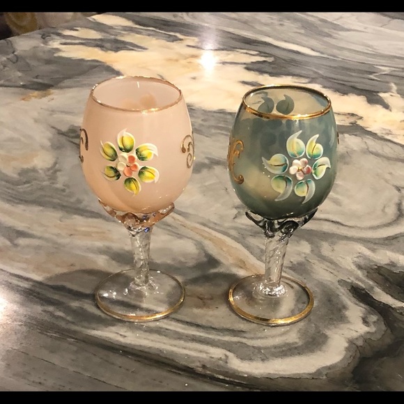 Pair Bohemian Glass Floral Hand-painted Cordial Wine Glasses Vintage 1940s 1950s